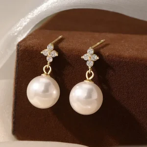 Pendientes de perla de plata 925 con trebol de cuatro hojas